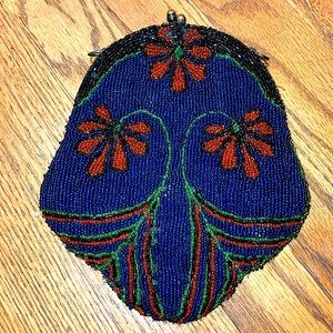 vintage 1920s Art Nouveau microbeaded glass bead purse blue red flower - AS IS